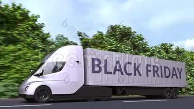 现代电动半挂车卡车与黑色星期五文本在一边。 循环三维动画